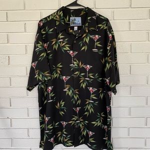 AFTCO Bluewater Hawaiian Shirt Mens XL Black with Martini Glasses Cotton Rayon